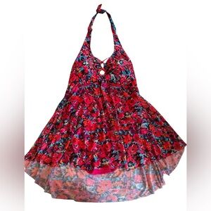 Plus-size Halter One Piece Swimsuit Dress Vibrant Red Floral Pattern Sz 4X = 20W